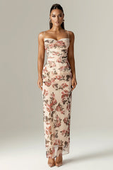Floral Print Corset Wedding Guest Party Maxi Slip Dresses-Beige Pre Order