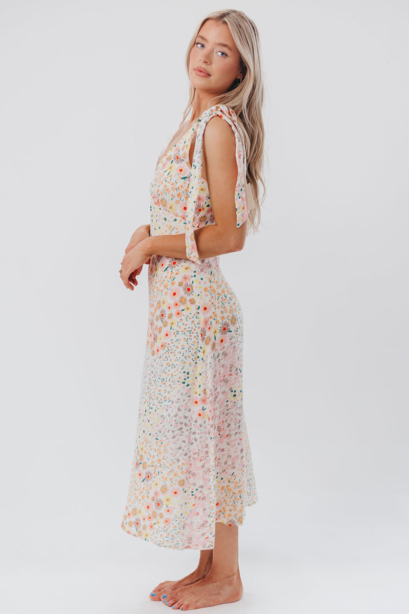 Floral Print V Neck Tied Up Sleeveless Midi Dresses-Beige Pre Order