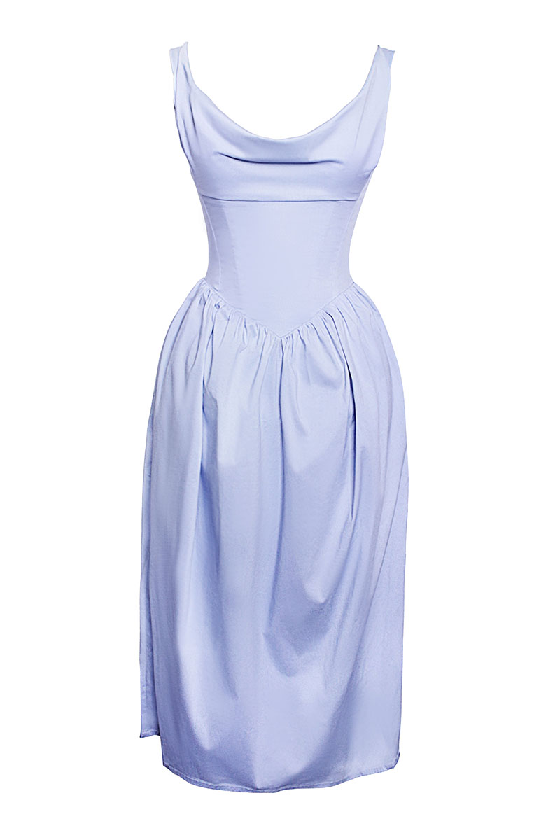 Cowl Neck Lace Up Cinch Waist Solid Color Midi Dresses-Blue Pre Order
