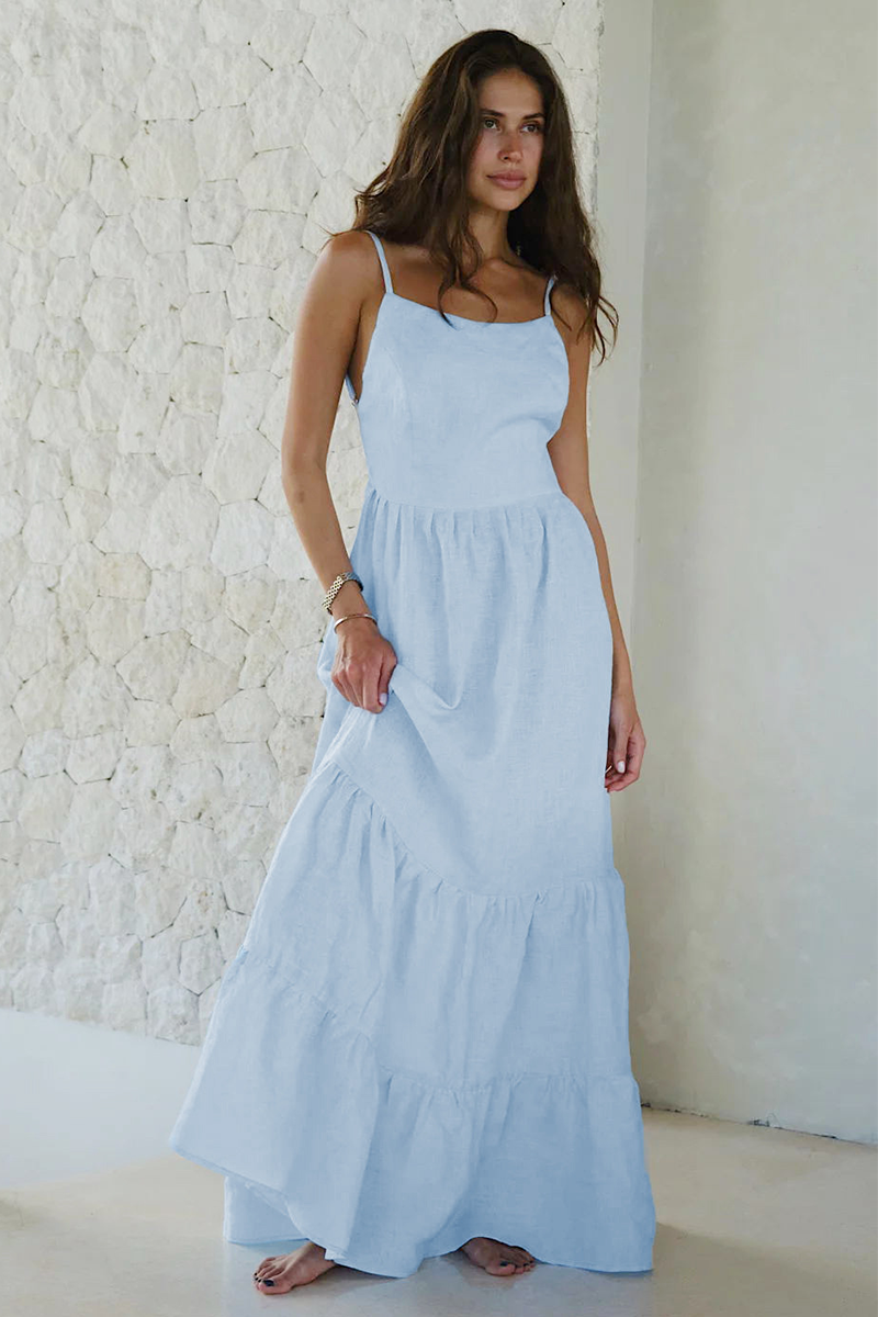 Solid Color Tie Up Backless A-Line Maxi Strappy Dresses-White