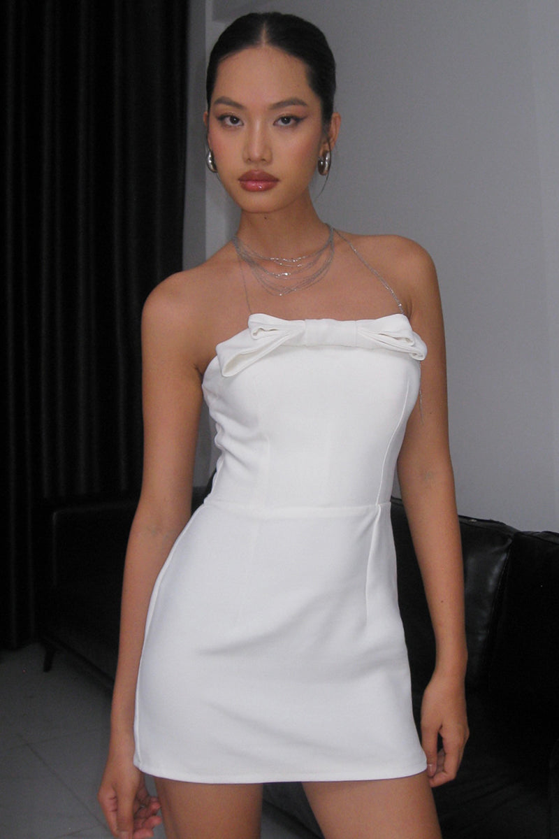 Bow Decor Slim-Fit Birthday Party Mini Tube Dresses-White