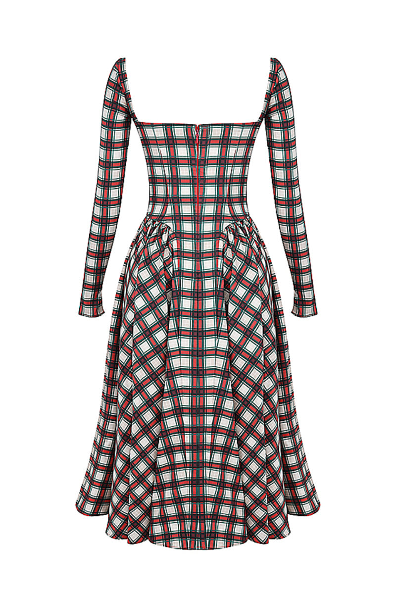 Plaid Pattern Long Sleeve Corset A-Line Pleated Midi Dresses-Red