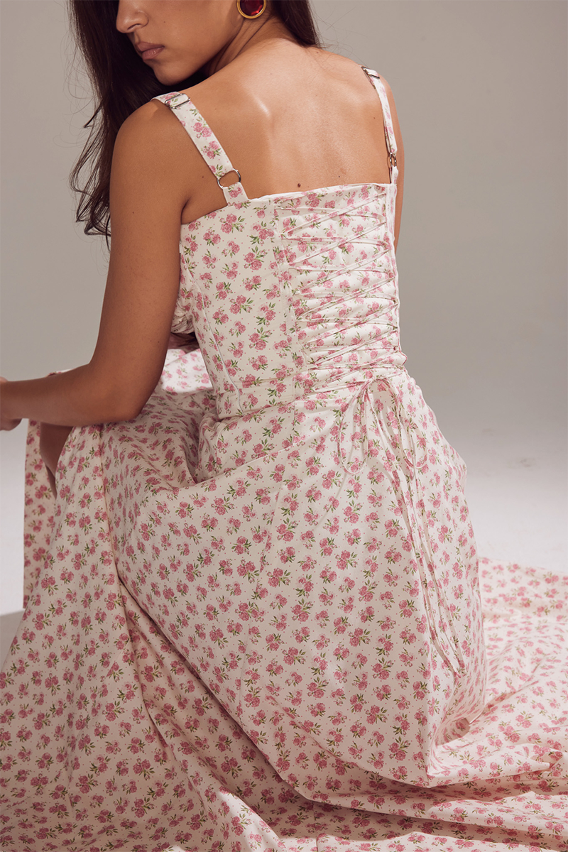Ditsy Floral Print Front Tie Up Cinch Waist Slip Midi Dresses-Pink