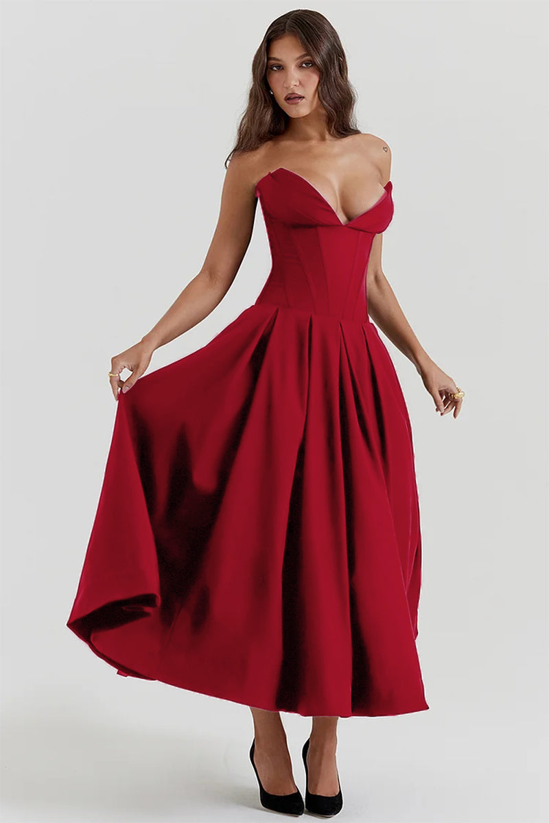 Deep V Neck Strapless Corset A-Line Pleated Midi Dresses-Black