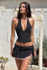 Polka Dot Print Halter Crop Top Mini Skirt Matching Set-Black