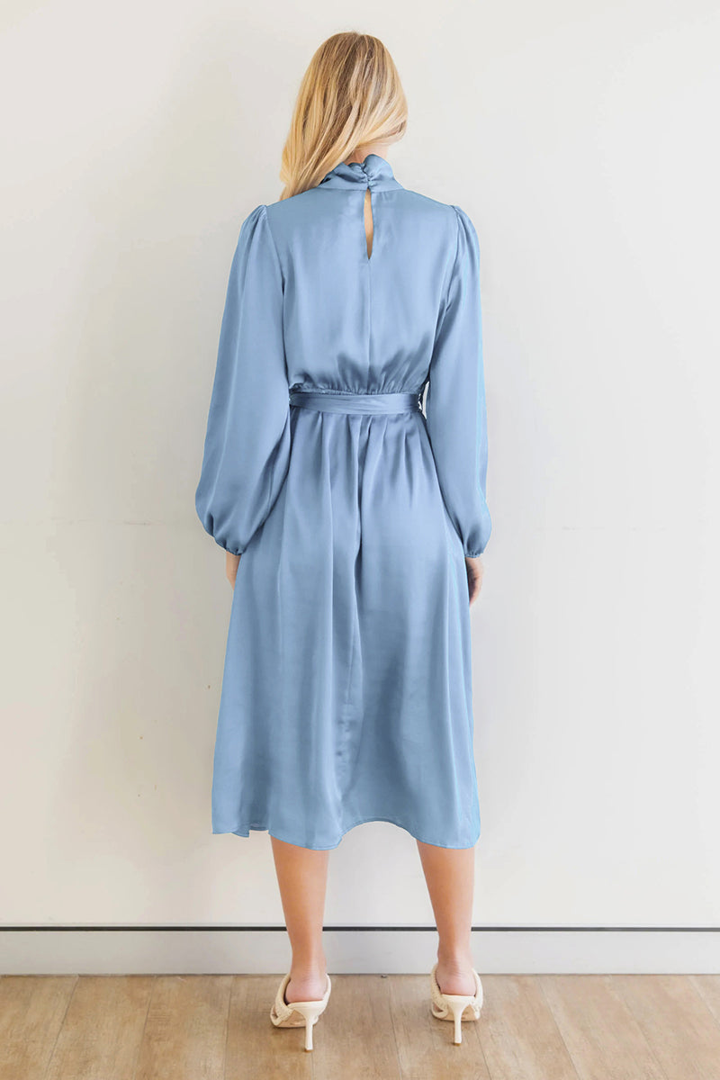 Ruched Knotted Long Sleeve Satin Midi Dresses
