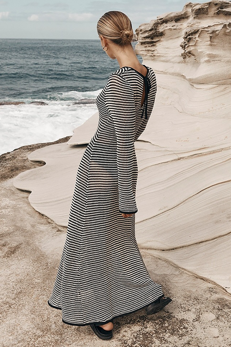 Knit Striped Pattern Long Sleeve Slim Fit Vacation Maxi Dresses-Black