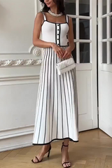 Knit Colorblock Trim Striped A-Line Slip Maxi Dresses-White