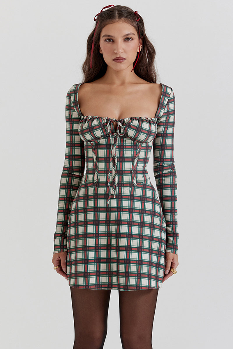 Long Sleeve Square Neck Lace Up Plaid Print Mini Dresses-Red