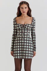 Long Sleeve Square Neck Lace Up Plaid Print Mini Dresses-Red
