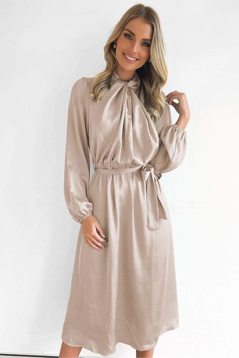 Ruched Knotted Long Sleeve Satin Midi Dresses