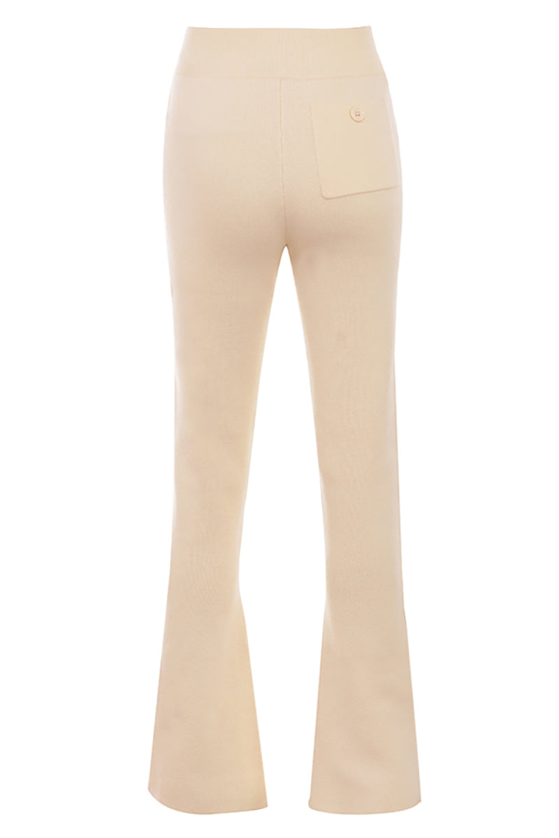 Irregular Folded Stand Collar Lantern Sleeve Sweater Plain Pants Matching Set-Beige