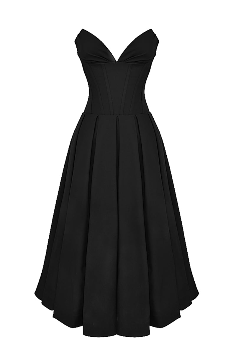 Deep V Neck Strapless Corset A-Line Pleated Midi Dresses-Black
