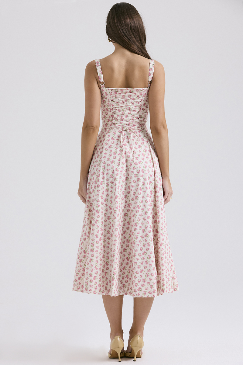 Ditsy Floral Print Front Tie Up Cinch Waist Slip Midi Dresses-Pink
