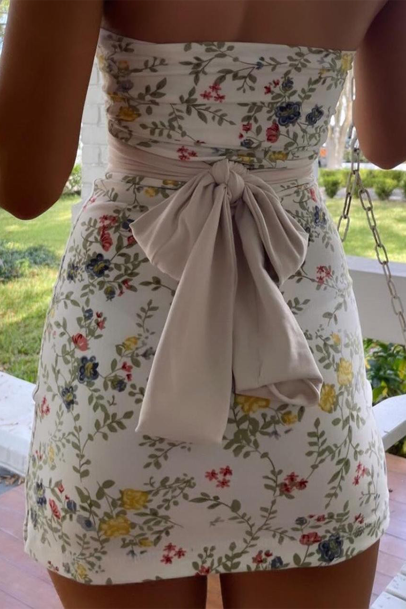 Ditsy Floral Print Back Tie Up Bow Slim Fit Mini Tube Dresses-White