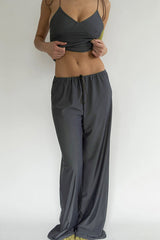 Drawstring Sweetheart Neck Cami Tank Top Wide Leg Pants Matching Set-Grey