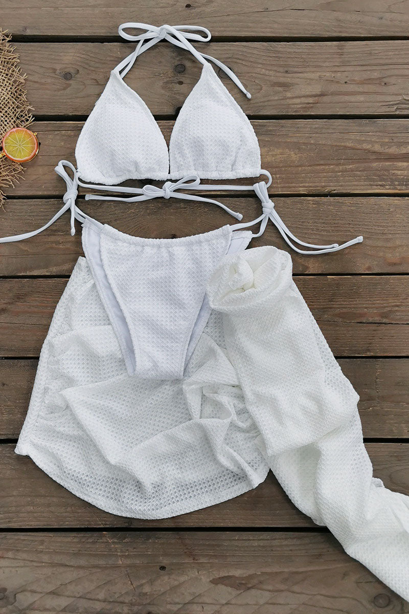 Halter Bikini Set 3D Flower Sash Textured Mini Skirt Three-Piece Set-White